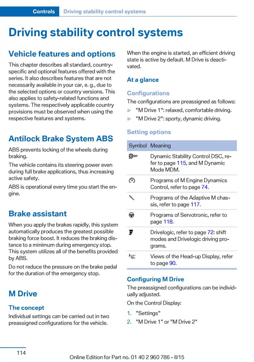 BMW M4 F82 F84 Coupe M Power owners manual / page 118