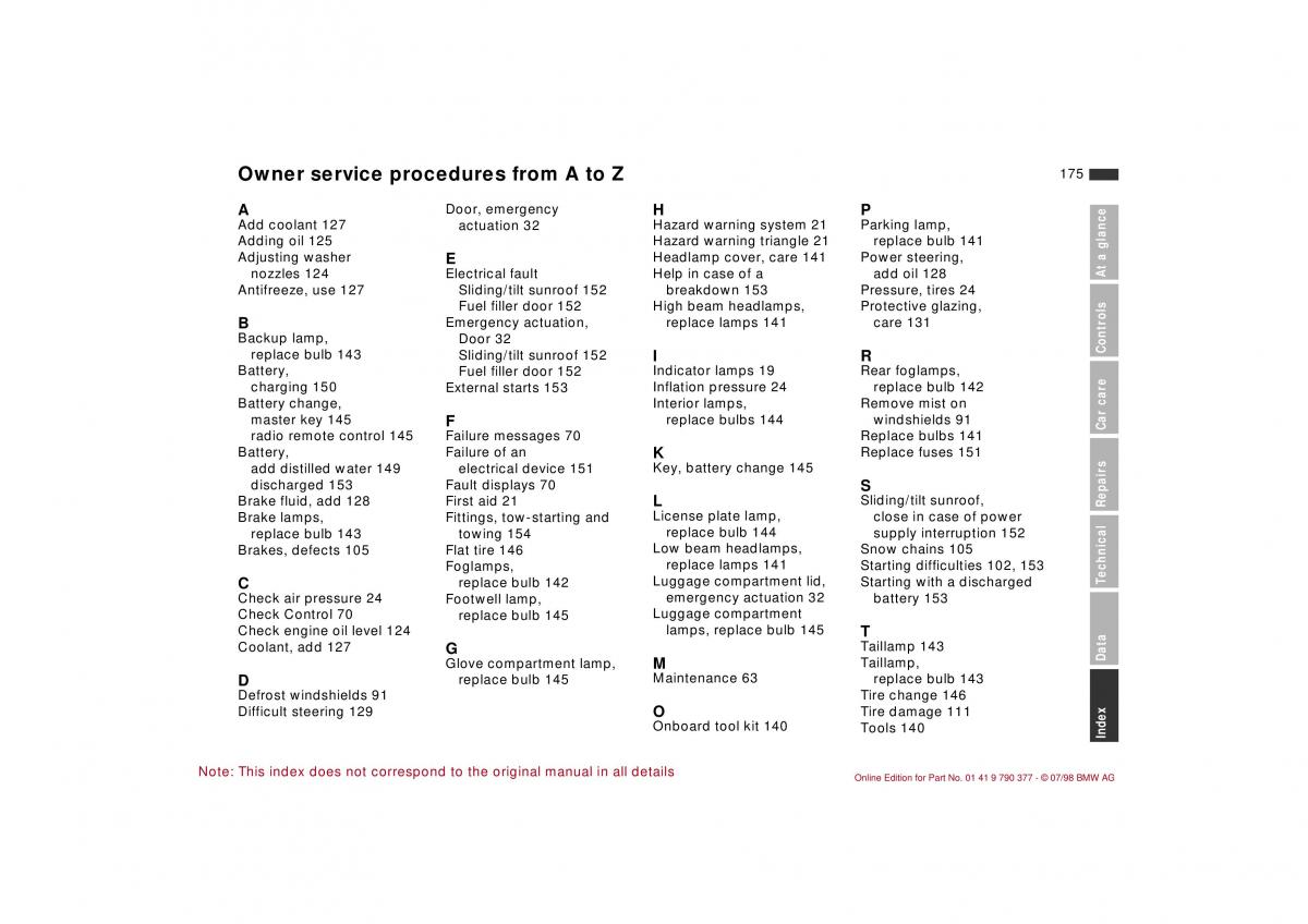 BMW 3 E36 owners manual / page 176