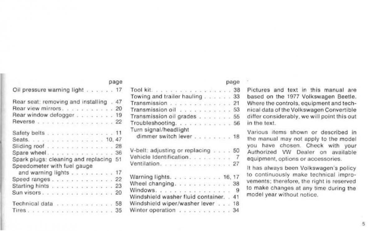 VW Beetle 1977 Garbus owners manual / page 7