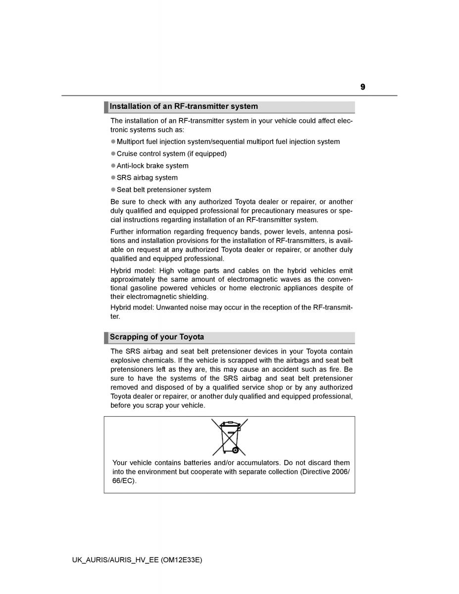 Toyota Auris II 2 owners manual / page 9