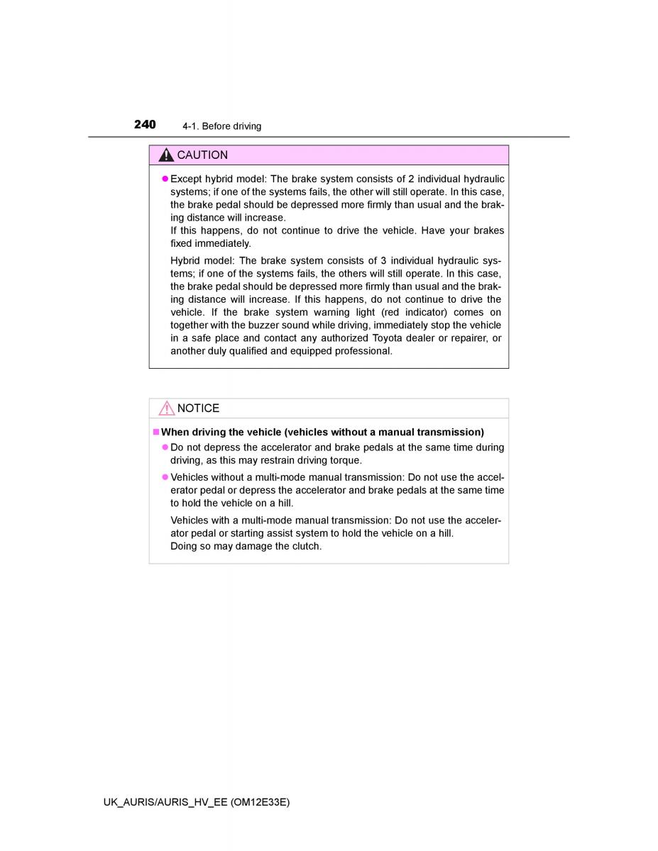 Toyota Auris II 2 owners manual / page 240