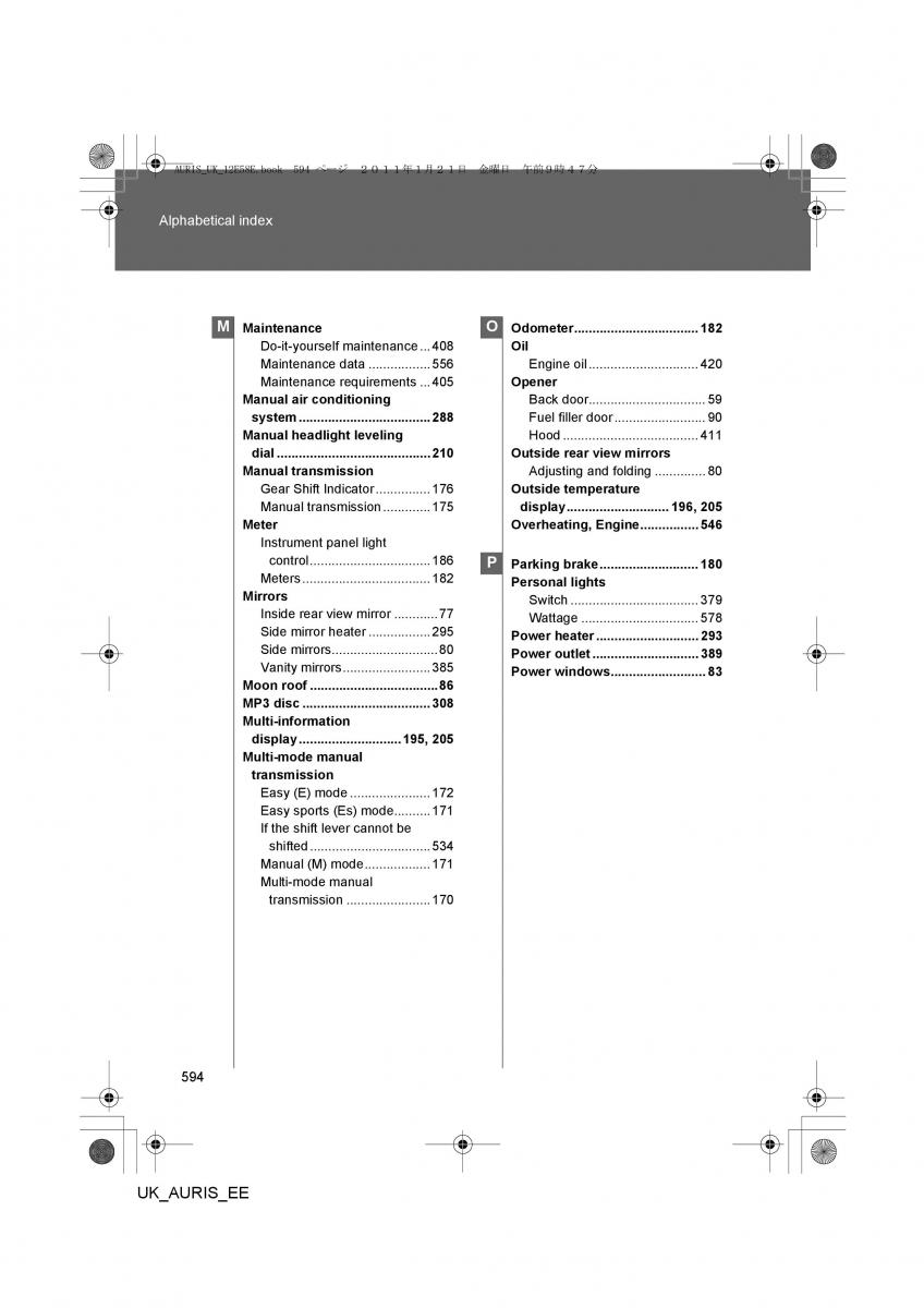 Toyota Auris I 1 owners manual / page 594