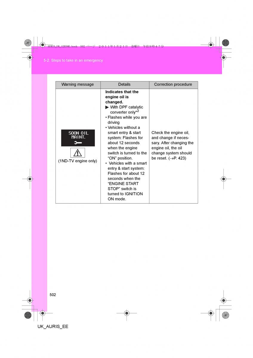 Toyota Auris I 1 owners manual / page 502