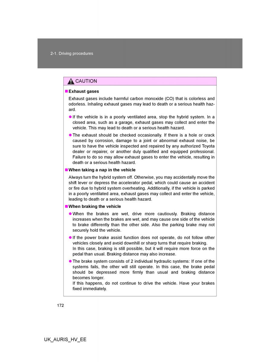 Toyota Auris Hybrid I 1 owners manual / page 172