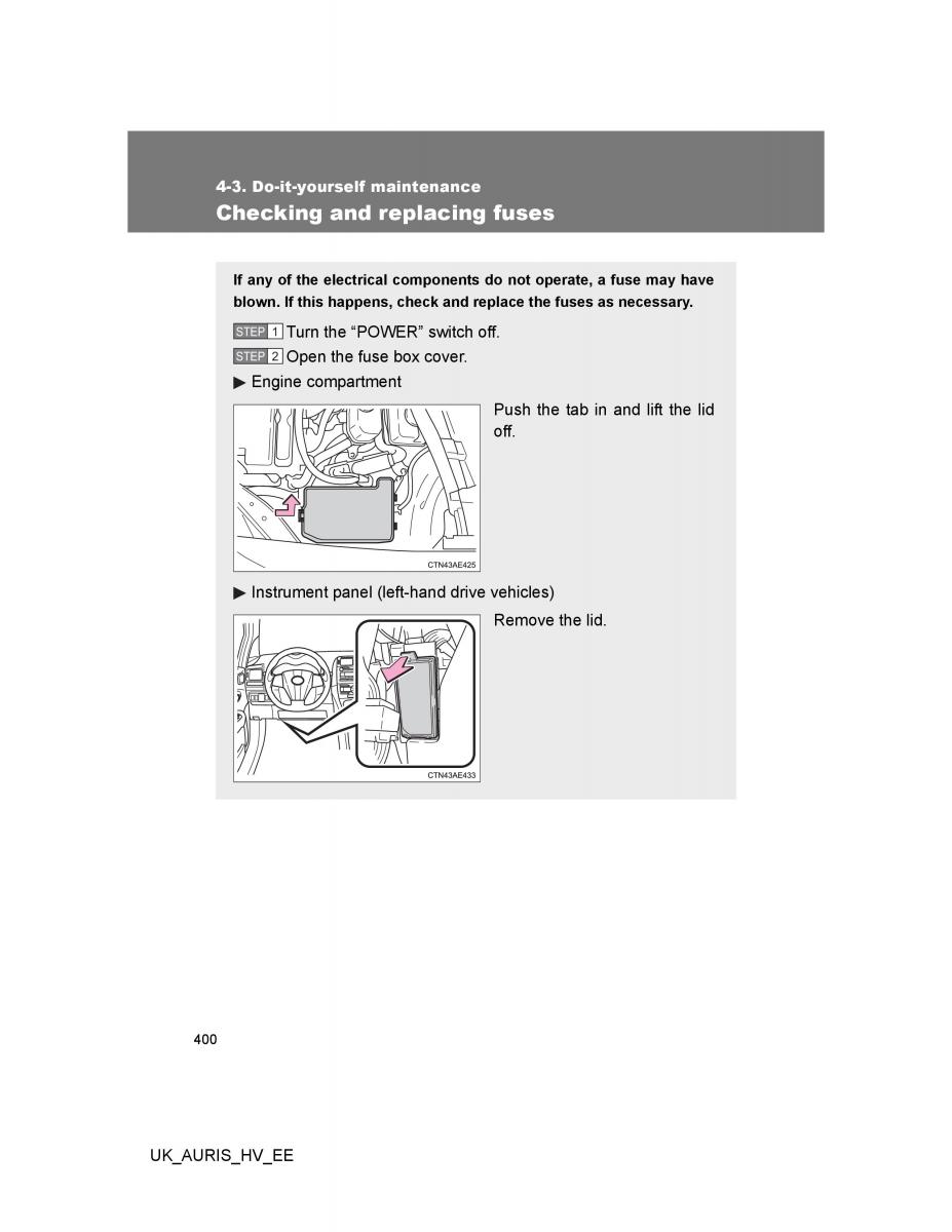 Toyota Auris Hybrid I 1 owners manual / page 400