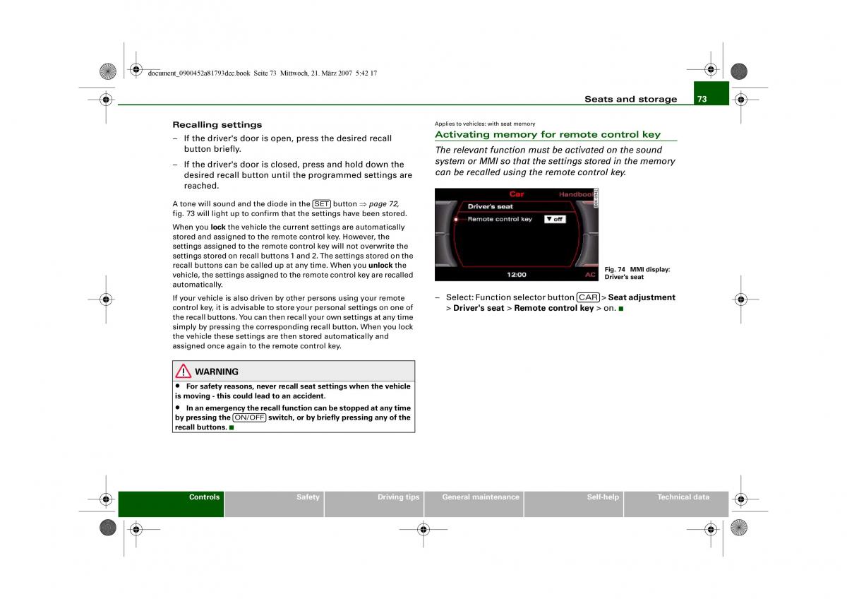 Audi S5 A5 owners manual / page 75