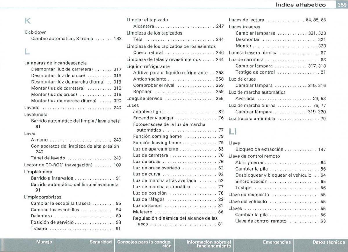 manual  Audi A3 II 2 8P owners manual manual del propietario / page 361