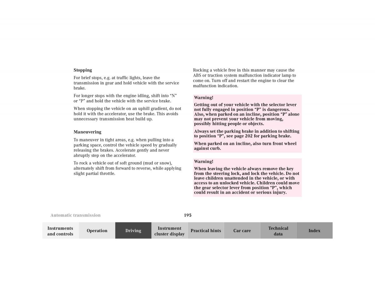 Mercedes Benz E Class W210 owners manual / page 198