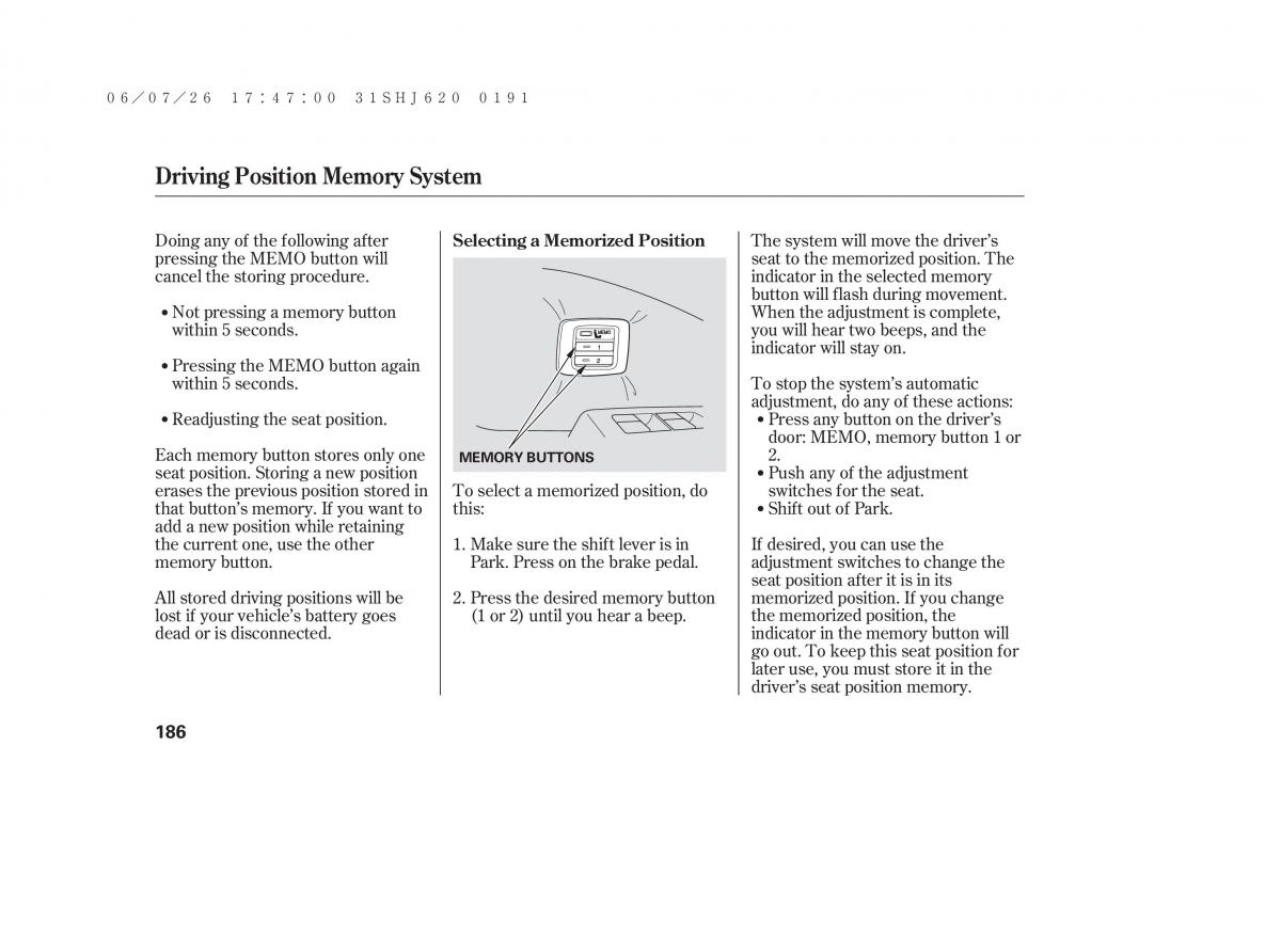Honda Odyssey III 3 owners manual / page 192