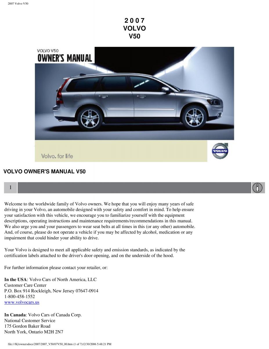 Volvo V50 owners manual / page 1