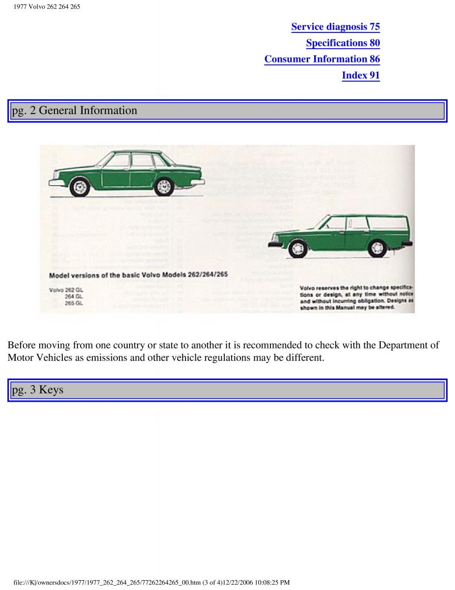 Volvo 262 264 265 owners manual / page 3