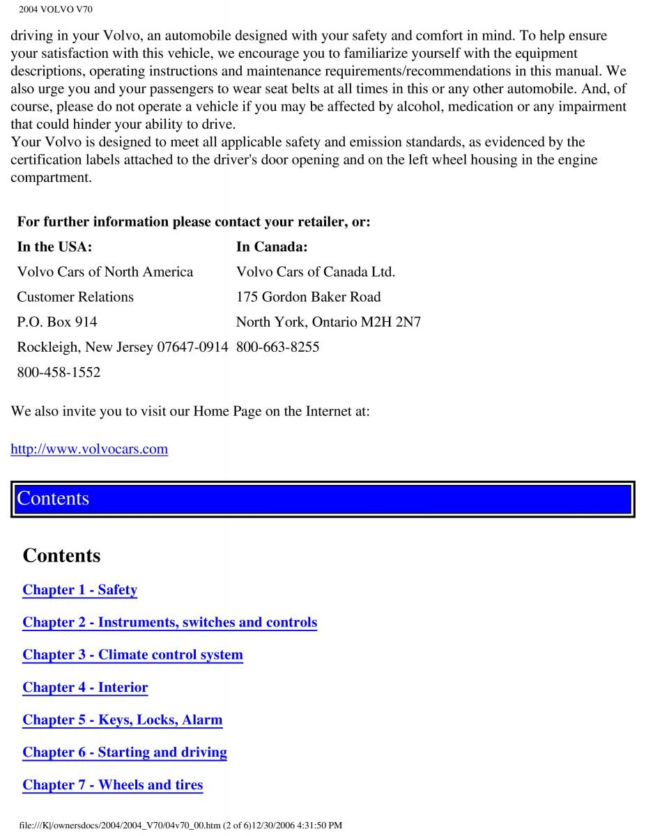 Volvo V70 II 2 owners manual / page 2
