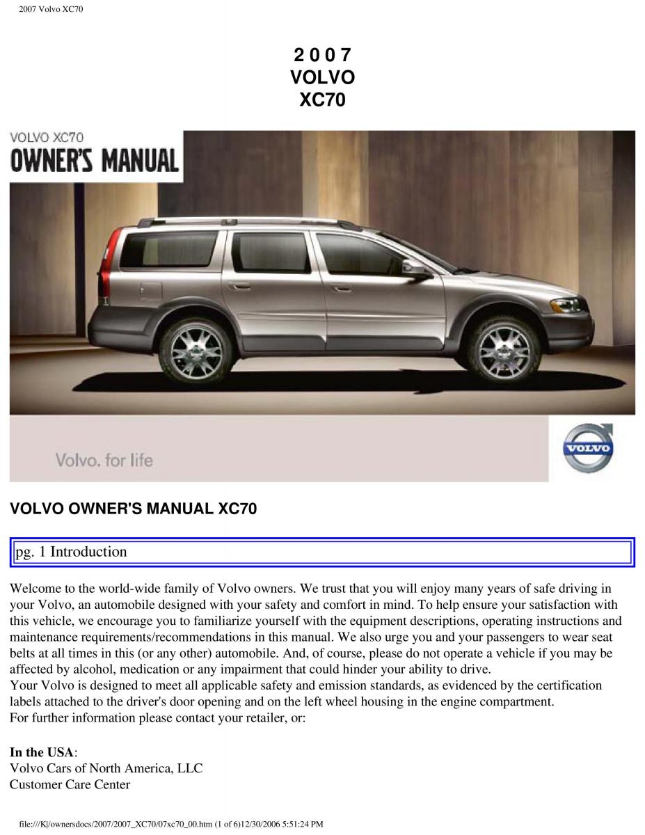 Volvo XC70 Cross Country 2007 owners manual page 1 pdf