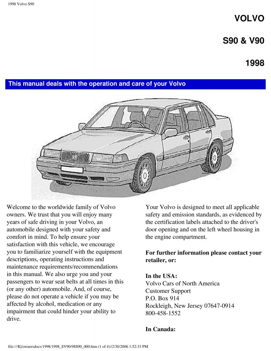 Volvo S90 V90 960 owners manual / page 1