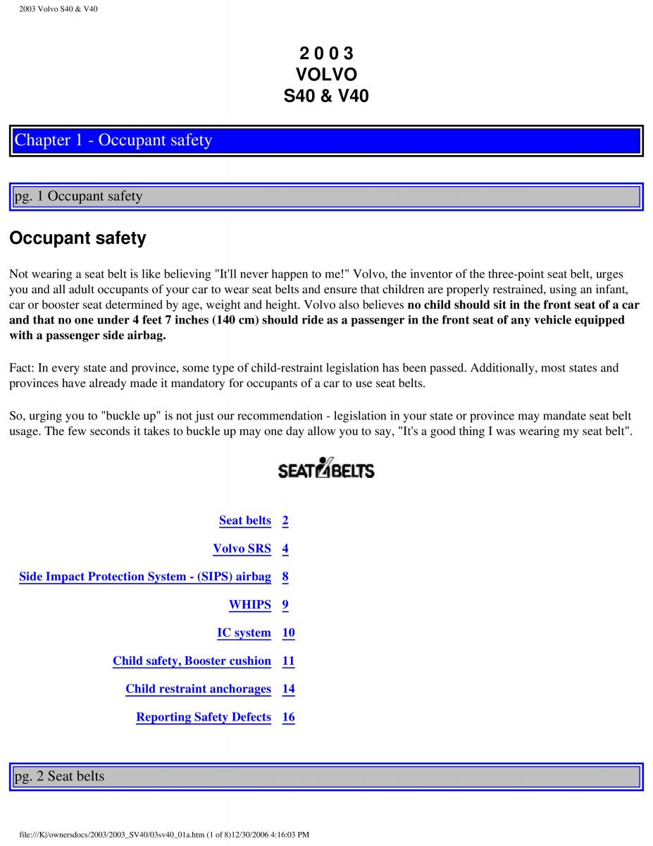 Volvo V40 S40 owners manual / page 7