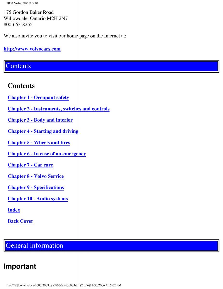 Volvo V40 S40 owners manual / page 2