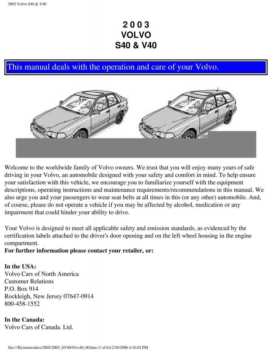 Volvo V40 S40 owners manual / page 1