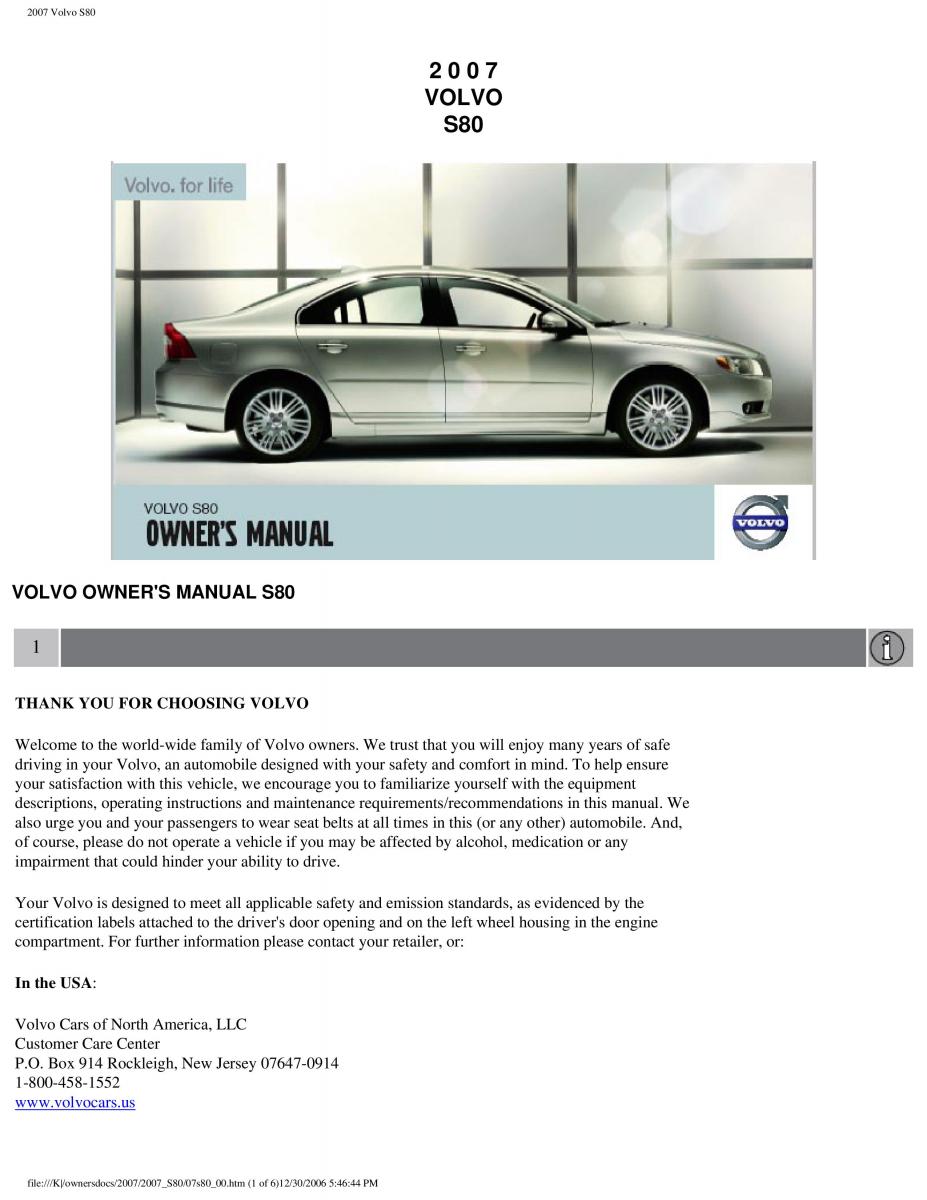 volvo S80 II 2 owners manual / page 1