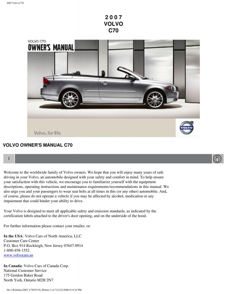 Volvo C70 M II 2 owners manual / page 1