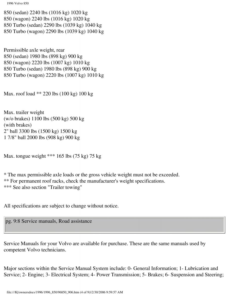 Volvo 850 owners manual / page 260