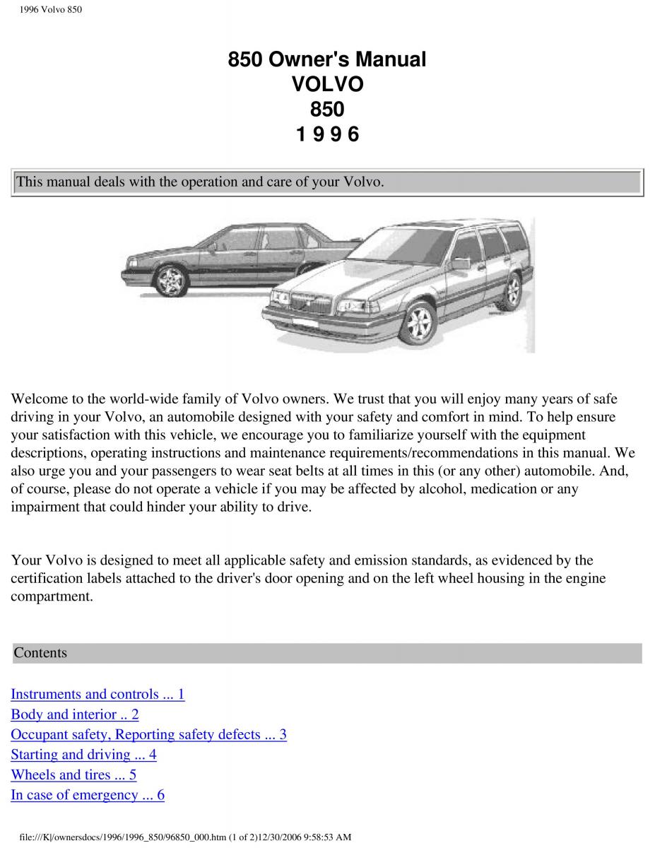 Volvo 850 owners manual / page 1