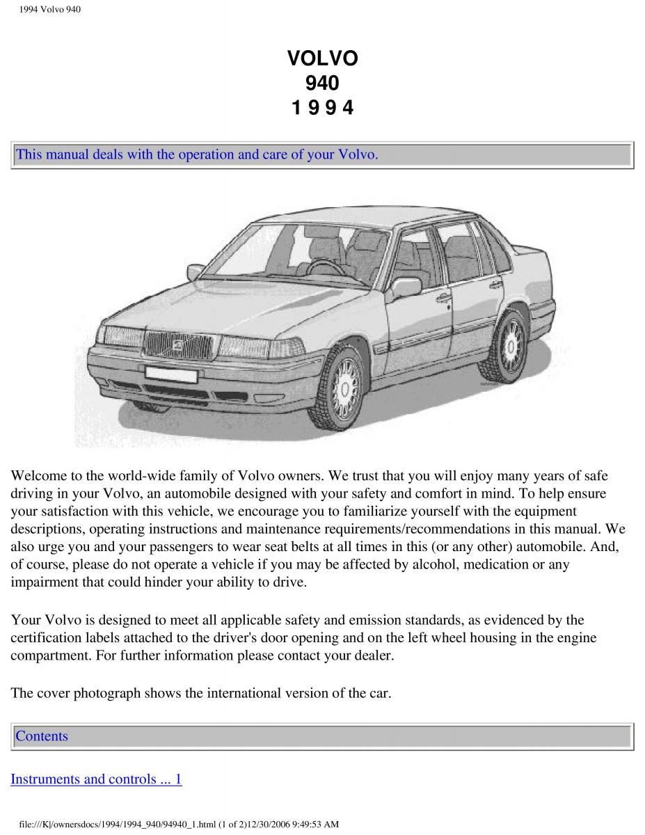 Volvo 940 owners manual / page 1