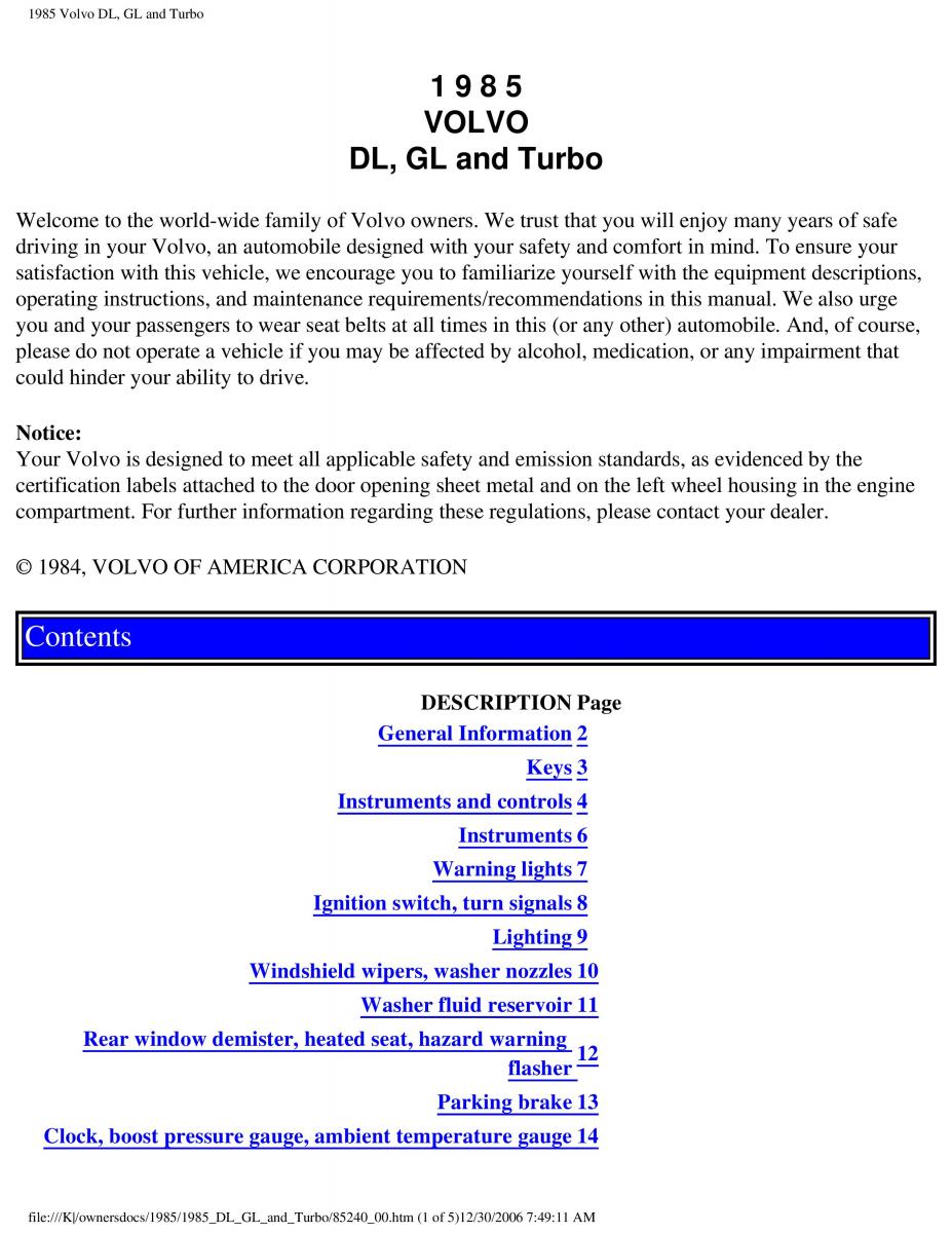 Volvo DL GL Turbo owners manual / page 1