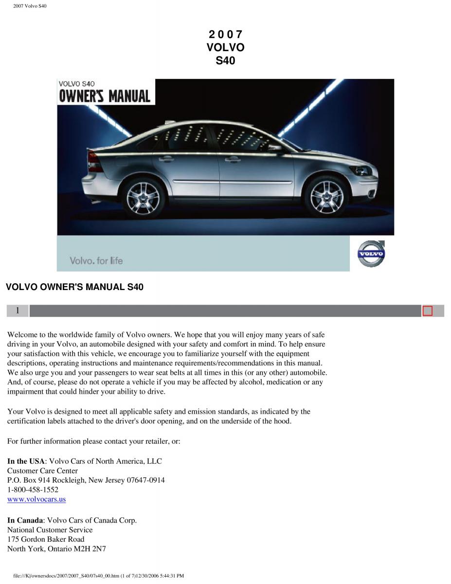 Volvo S40 II 2 owners manual / page 1