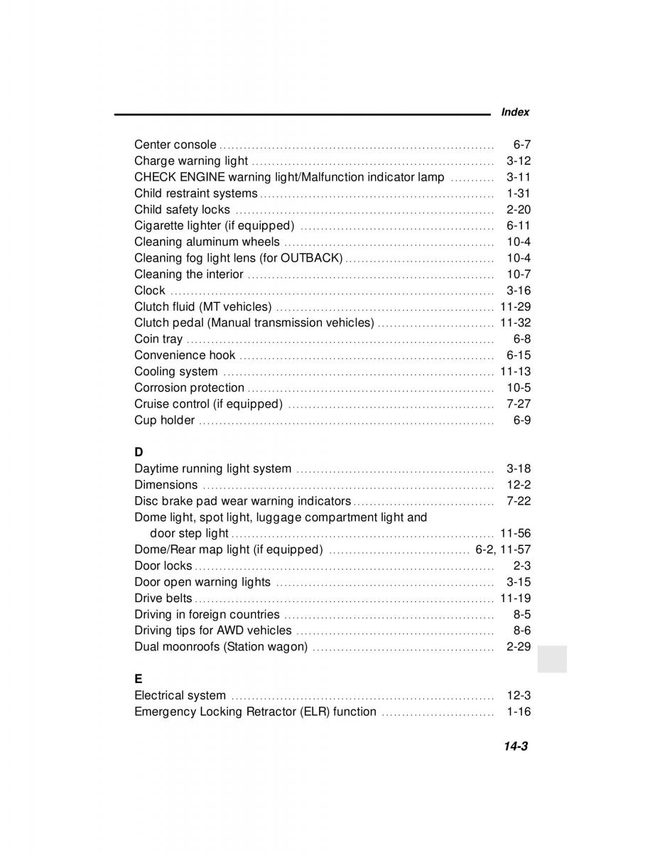 Subaru Outback Legacy owners manual / page 12