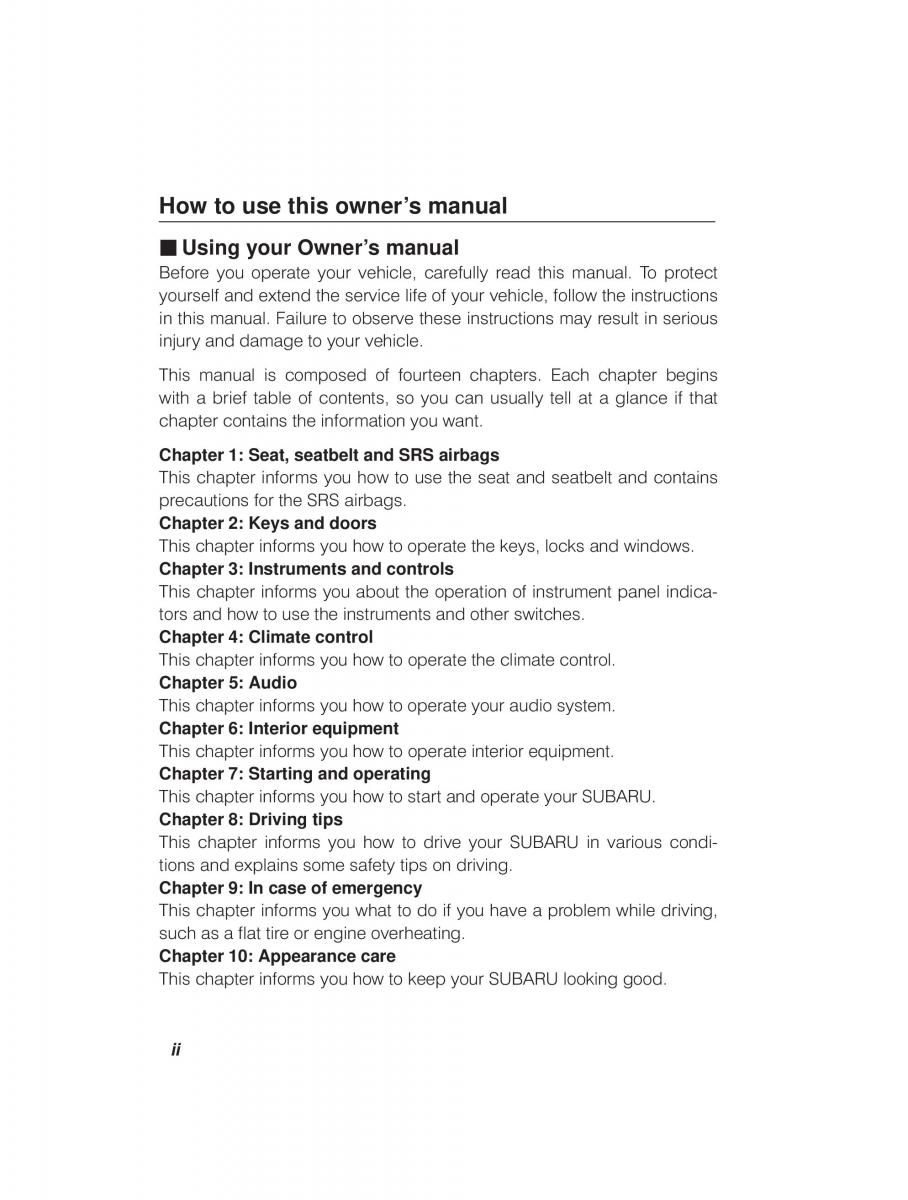 Subaru Outback Legacy owners manual / page 2