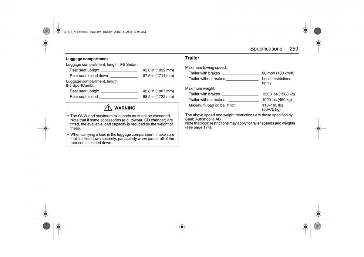 Saab 9 5 FL I 1 owners manual / page 259