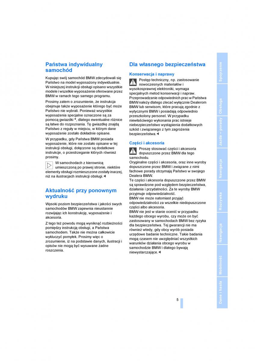 BMW 5 E60 instrukcja obslugi / page 7