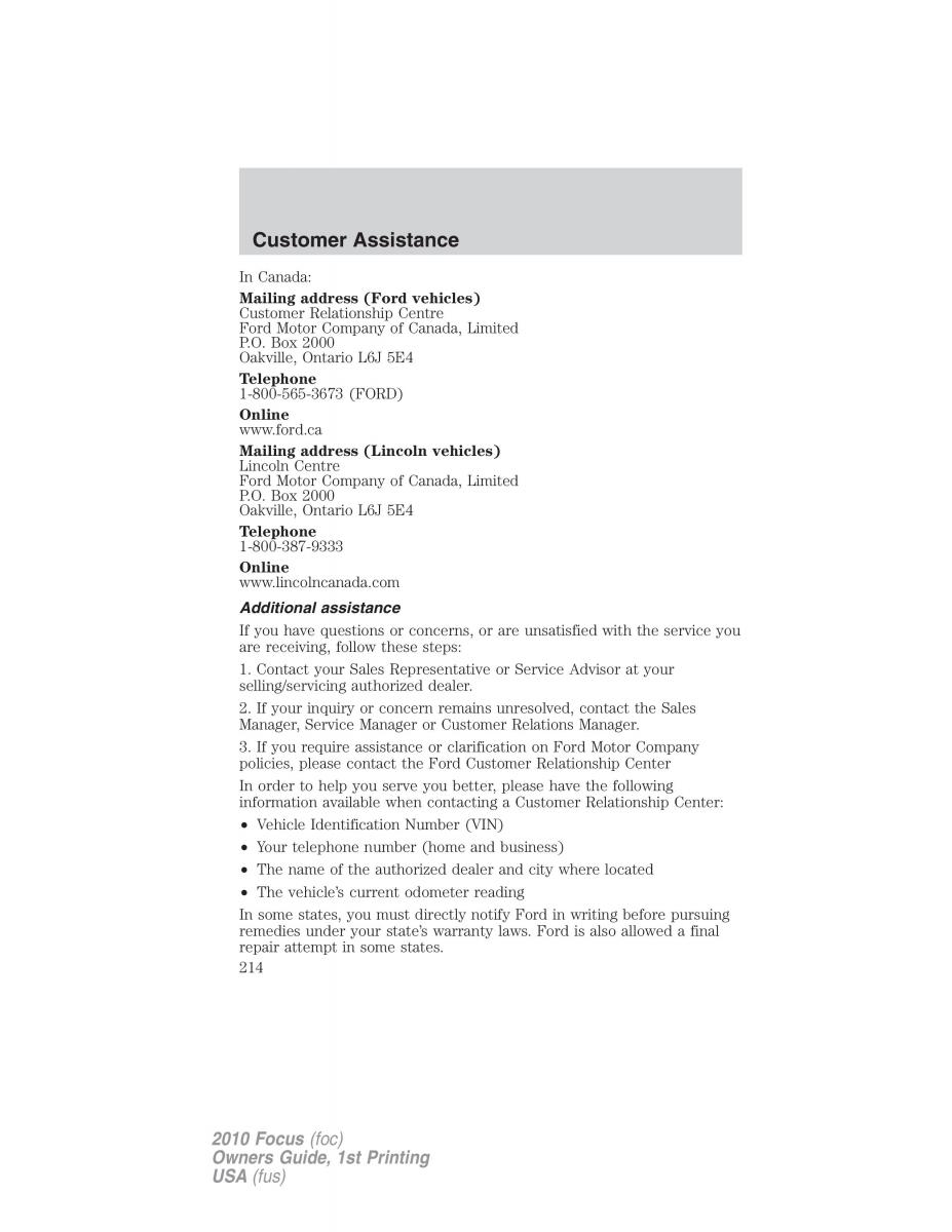 Ford Focus II 2 owners manual / page 214