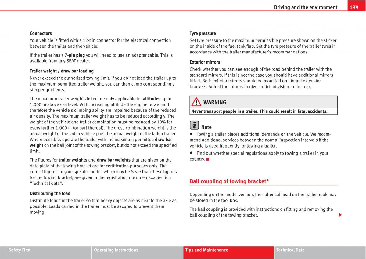 Seat Altea owners manual / page 191