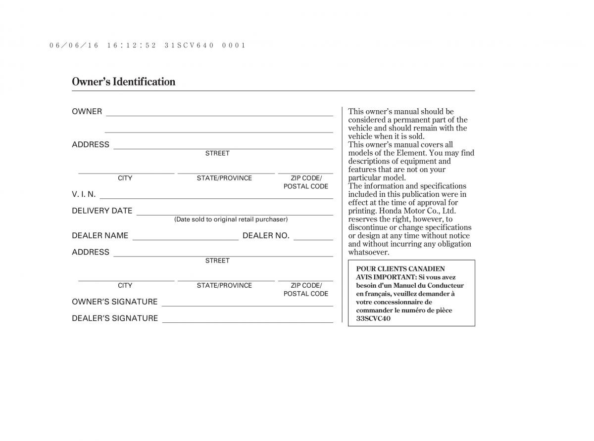 Honda Element owners manual / page 2