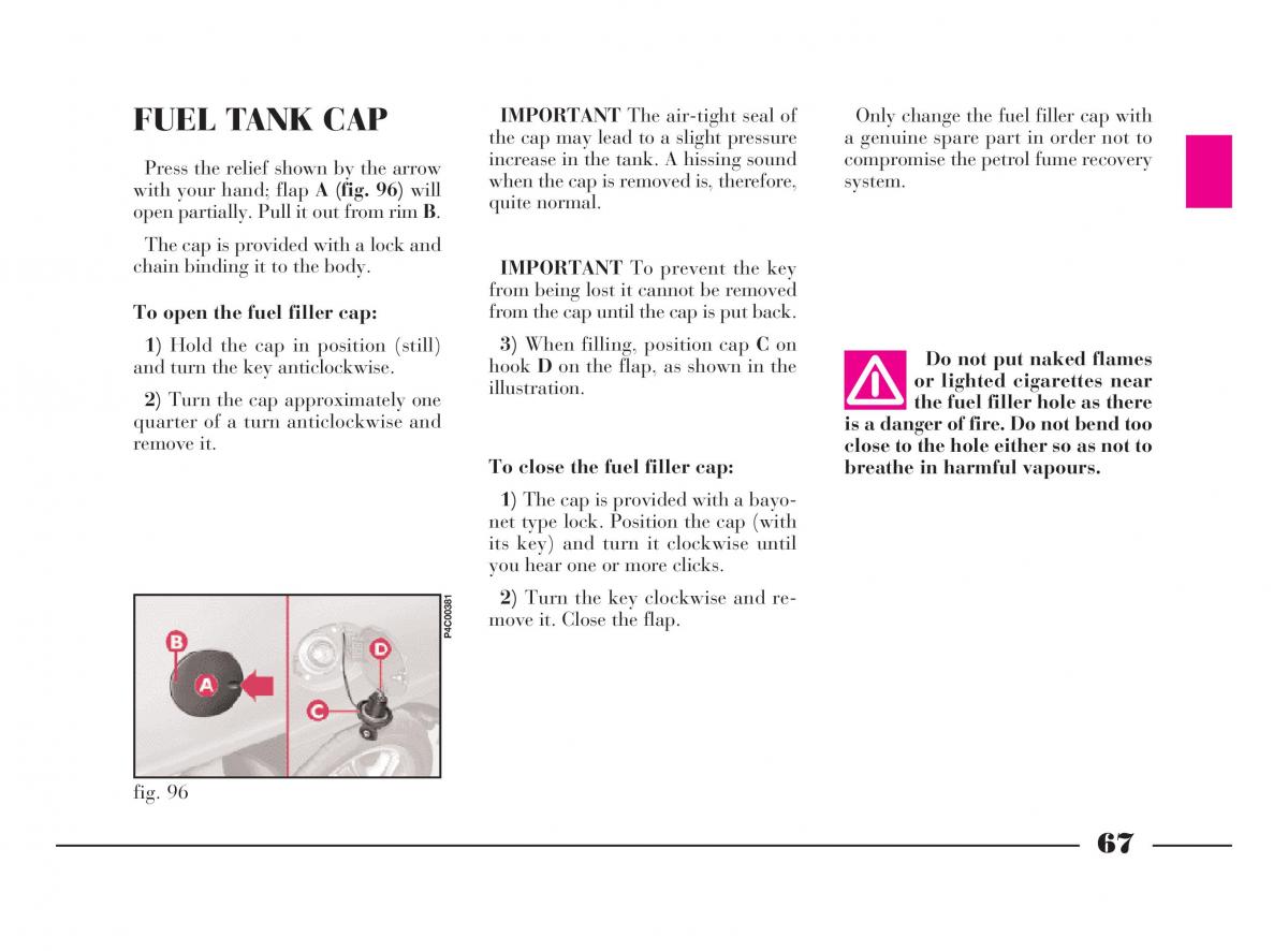 Lancia Y owners manual / page 70