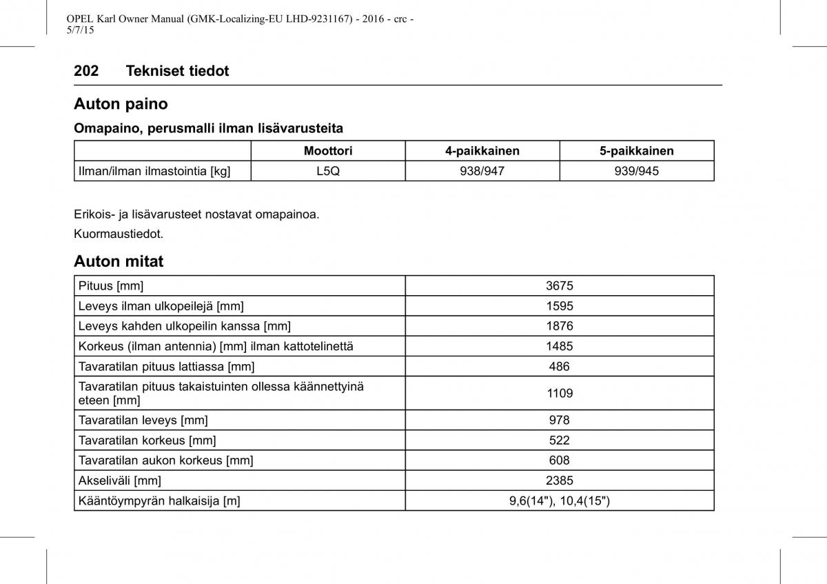 Opel Karl owners manual / page 203