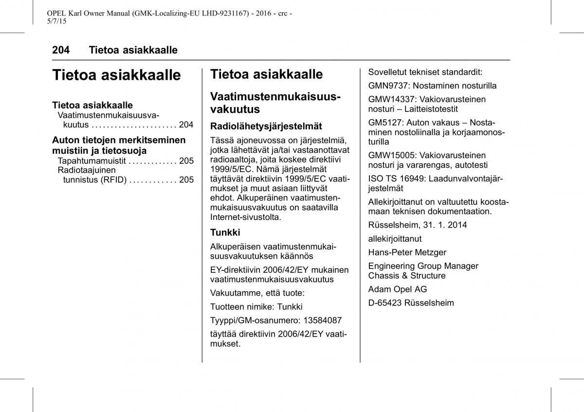 Opel Karl owners manual / page 205