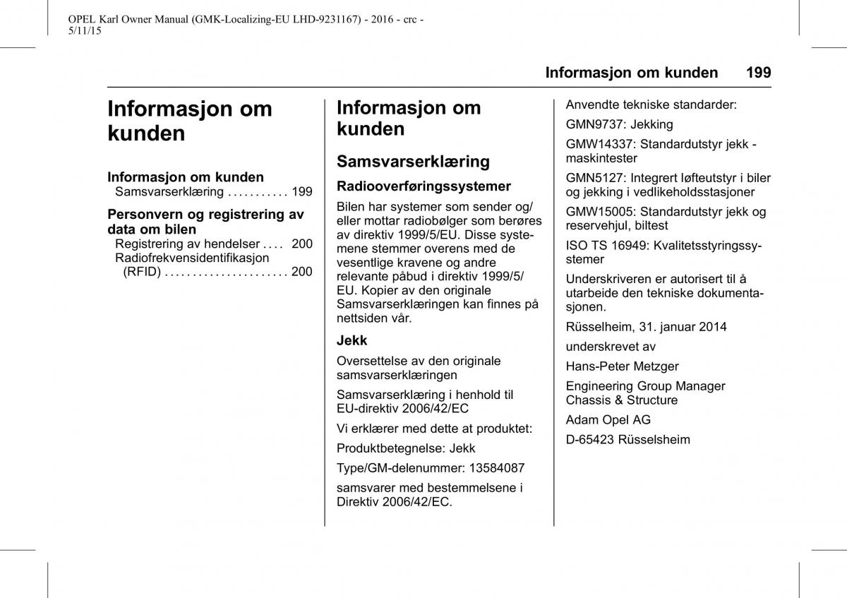 Opel Karl bruksanvisningen / page 200