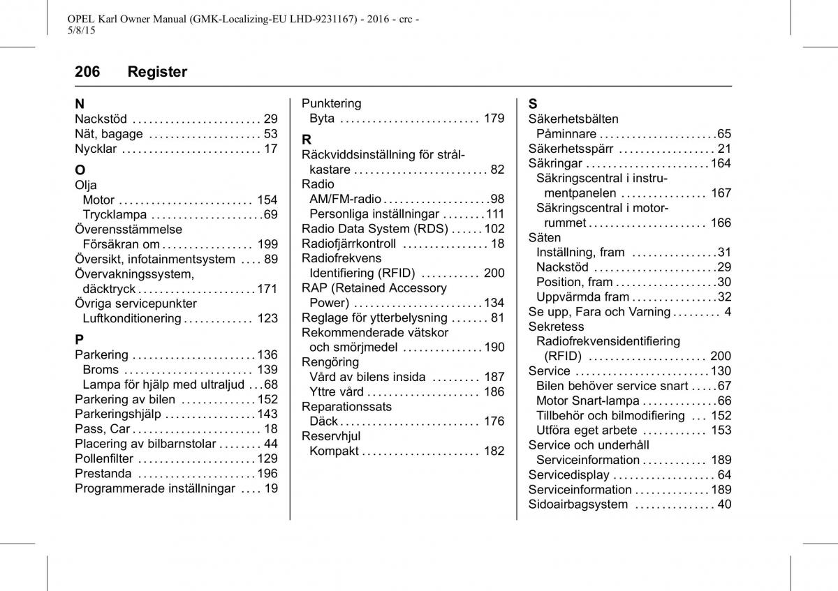 Opel Karl instruktionsbok / page 207