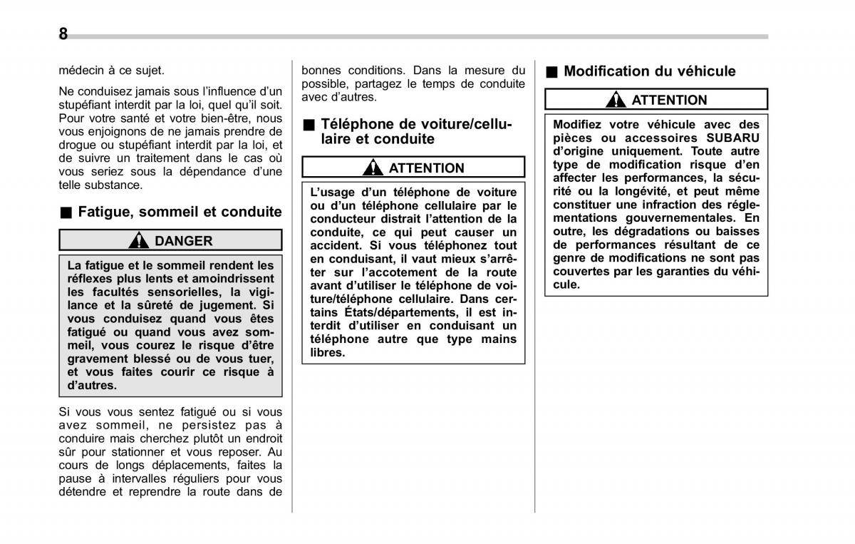 Subaru Tribeca manuel du proprietaire / page 12