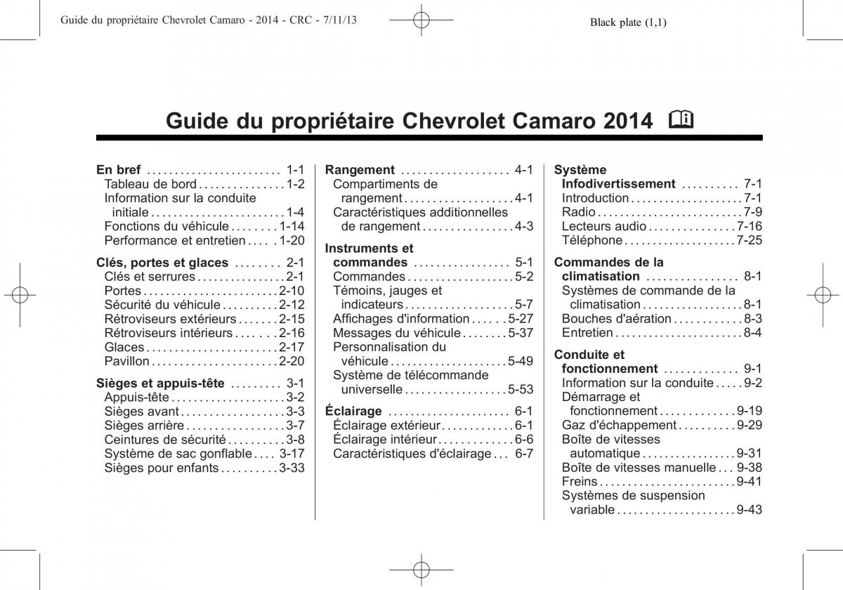 Chevrolet Camaro V 5 manuel du proprietaire / page 1