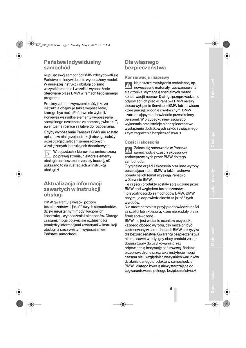 BMW Z4 E89 instrukcja obslugi / page 6