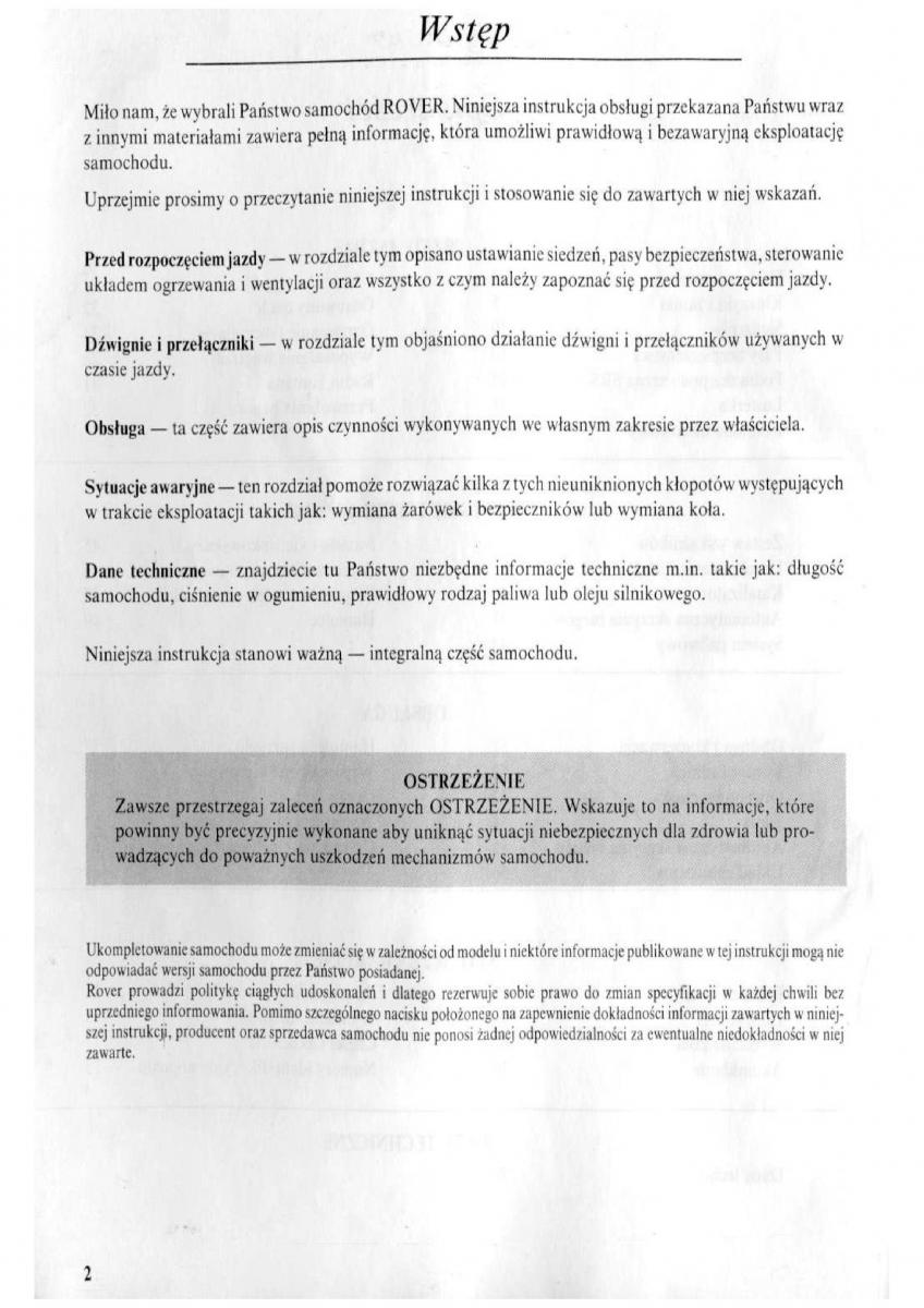Rover 600 instrukcja obslugi / page 3