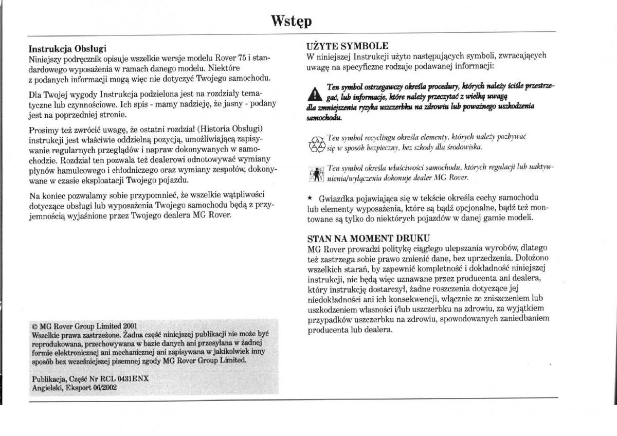 Rover 75 instrukcja obslugi / page 2