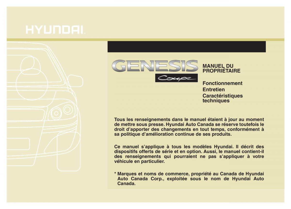 Hyundai Genesis Coupe manuel du proprietaire / page 1