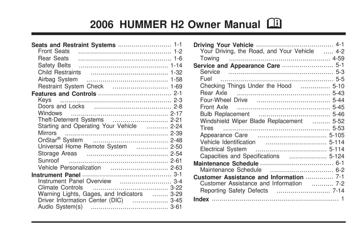 Hummer H2 owners manual / page 1