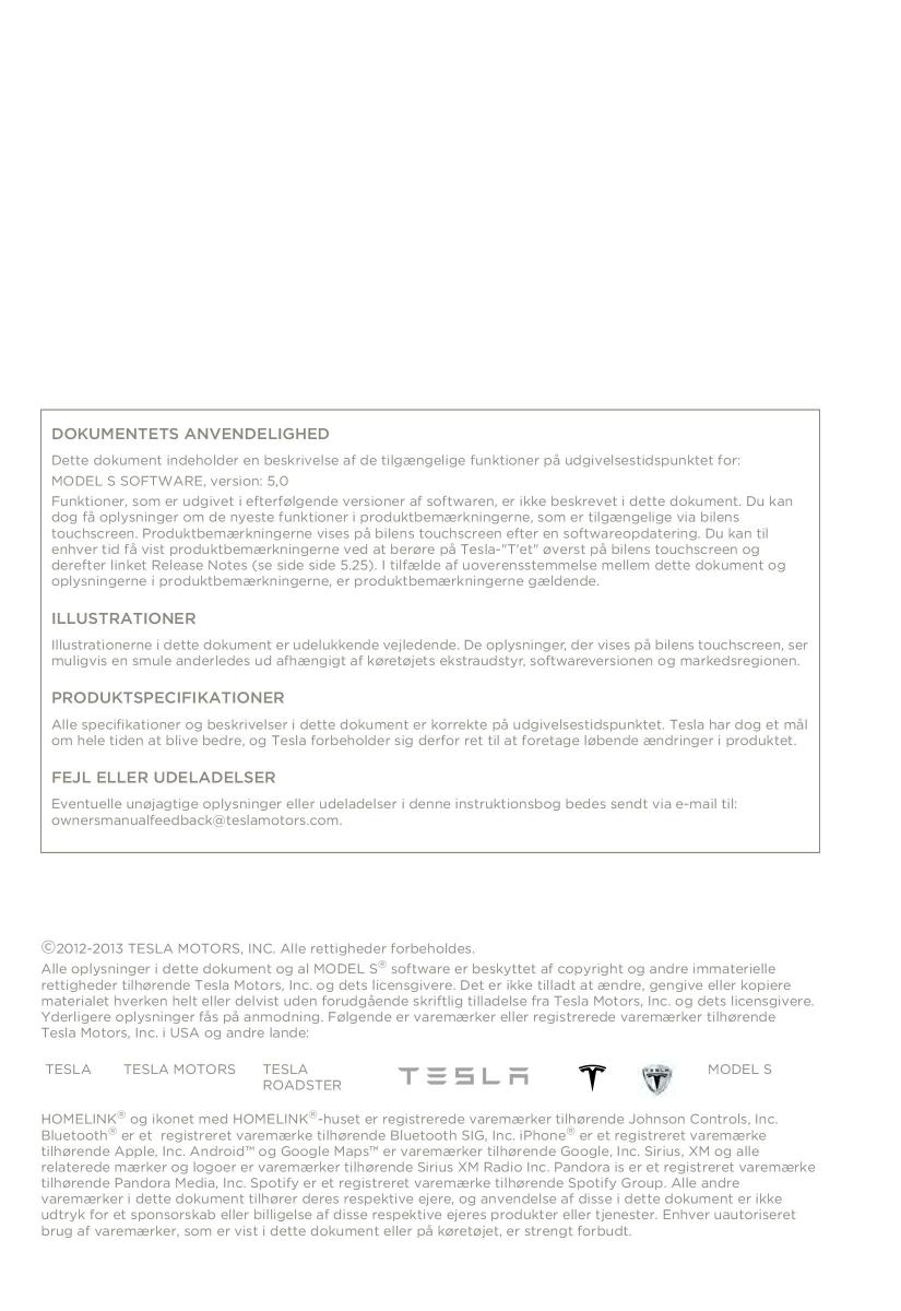 Tesla S Bilens instruktionsbog / page 2
