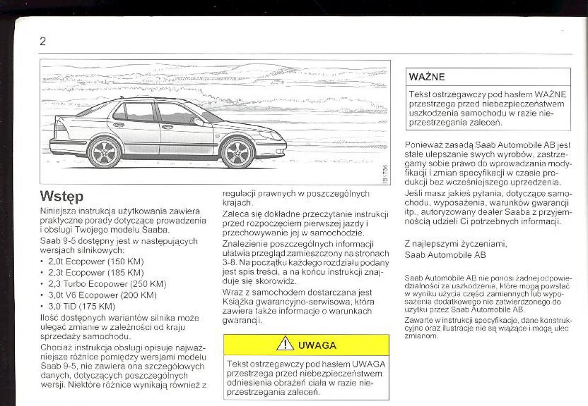 Saab 9 5 I 1 YS3E instrukcja obslugi / page 2