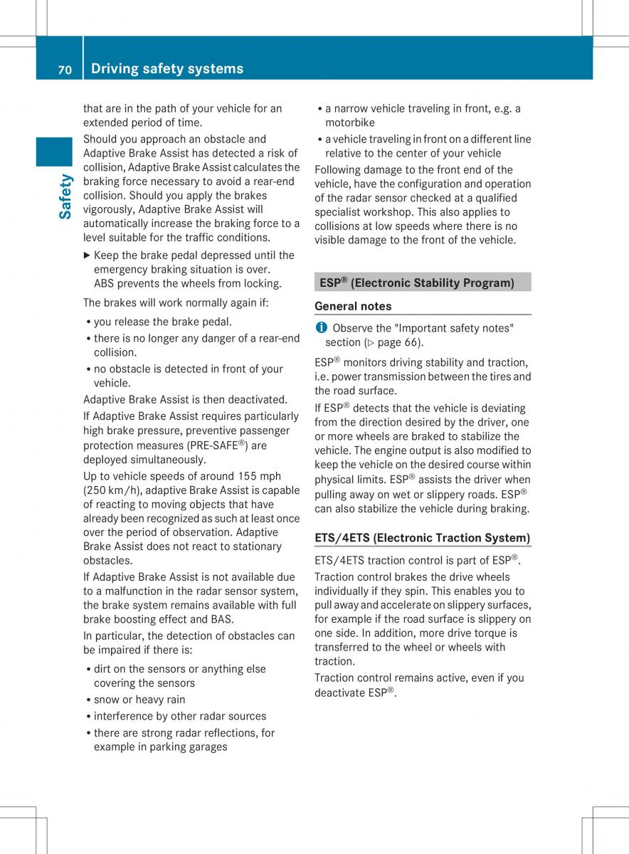 Mercedes Benz ML Class W166 owners manual / page 72